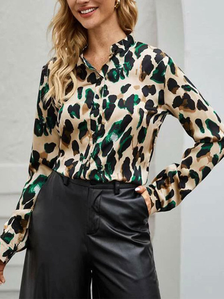 Image of Blouse For Women 2020 Black Leopard Print Jewel Neck Casual Long Sleeves Polyester Tops