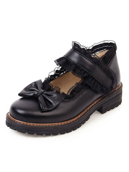 Milanoo Sweet Lolita Footwear Black Bows Frill Ruffle Leather Puppy Heel Lolita Shoes