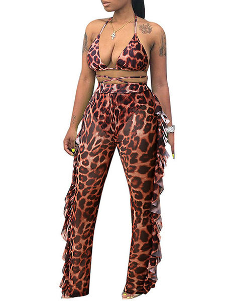 Image of Two Piece Sets Coffee Brown Polyester Ruffles Leopard Print Sexy Summer Sleeveless Straps Neck Women Outfit