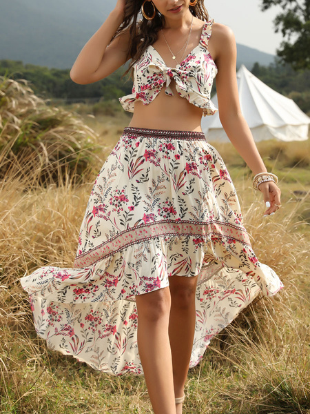 Image of Boho Outfit Floral Print Crop Top High Low Summer Skirt