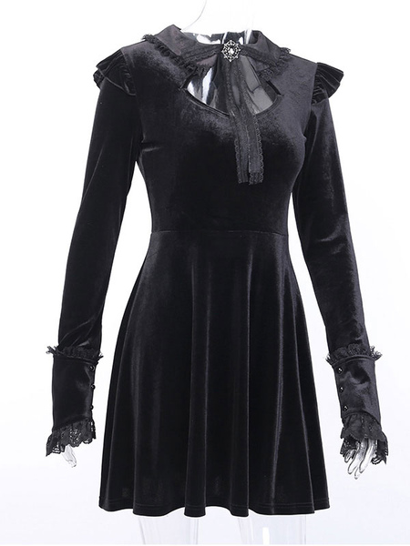 Milanoo Gothic Lolita OP Dress Velour Black Ruffles Lolita One Piece Dresses