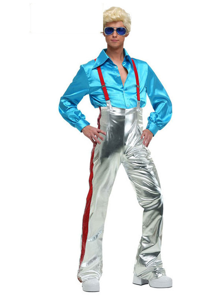 Image of Costumi retrò anni &#39;70 Camicia blu a maniche lunghe Pantaloni metallizzati Costumi da discoteca da uomo