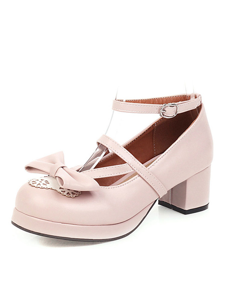 Milanoo Sweet Lolita Footwear Pink Bow Bows Round Toe Leather Lolita Pumps
