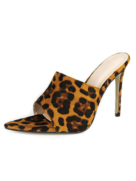 Milanoo High Heel Sandals Lepoard Pointed Open Toe Slippers Women\'s Shoes