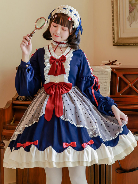 Milanoo Sweet Lolita OP Dress Snow White Bows Polka Dot Long Sleeves Lolita One Piece Dresses