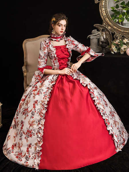 Milanoo Victorian Dress Costumes Women's Red Retro Costumes Ruffle Bow Floral Print Dress Marie Anto