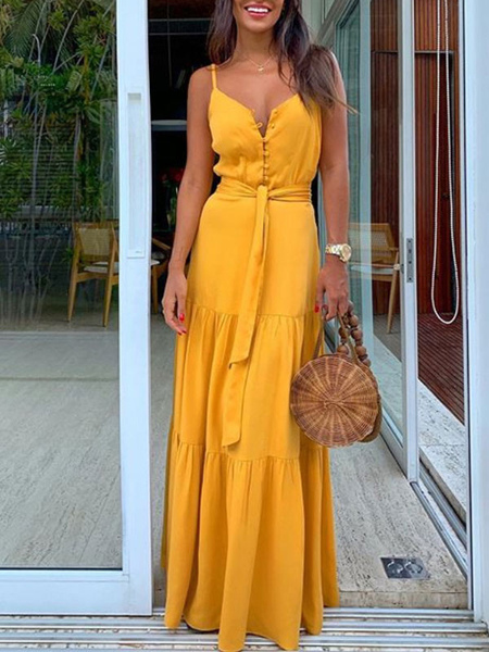 Milanoo Maxi Slip Dress Buttons Sleeveless Women Long Warp Beach Dress