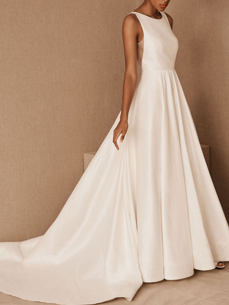 Milanoo Vintage Wedding Dress Jewel Neck Sleeveless Natural Waist Floor Length Backless Matte Satin