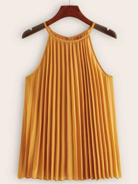 Image of Yellow Cami Top Pleated Chiffon Casual Summer Tops For Women