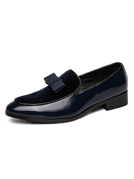 Milanoo Mens Balck Patent Leather Slip On Loafer Shoes with Bow