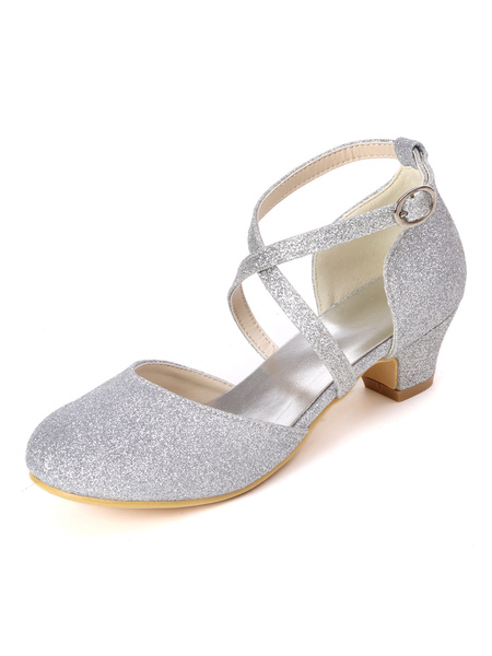 Milanoo Flower Girl Shoes Silver Sequined Cloth Ankle Strap Party Shoes For Kids