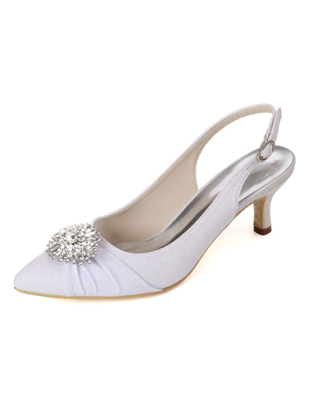 Milanoo Wedding Shoes White Sequined Cloth Buckle Pointed Toe Kitten Heel Back Slip Bridal Shoes