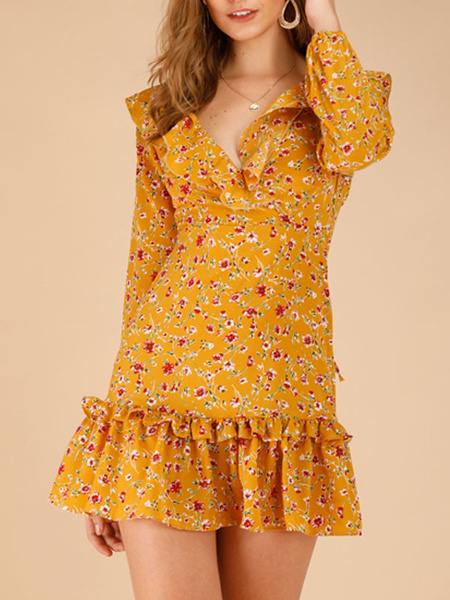 Image of Mini Dresses Yellow Ditsy Floral Print Long Sleeves Short Dress