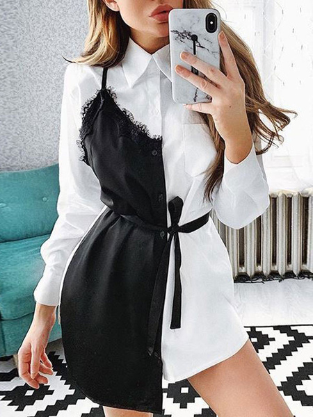 Image of Shirt Dresses Lace Long Sleeves Fake Two Piece Style Mini Dress