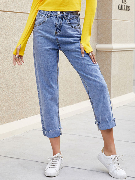 Image of High Waisted Jeans For Women Cropped Denim Pants