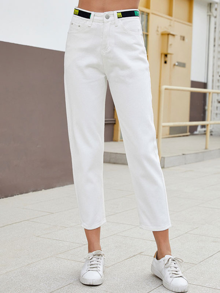 Image of Women White Jeans Cowboy Buttons Cropped Denim Pants