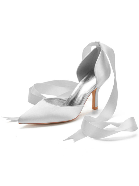 Milanoo Women's High Heels Ankle Strap Pointed Toe Stiletto Heel Bows Classic Ivory Wedding Shoes