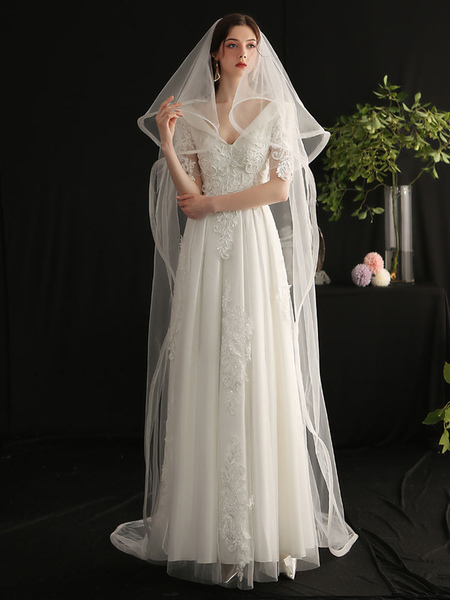 Milanoo Wedding Veil Two-Tier Ribbons Tulle Ribbon Edge Classic Bridal Veils