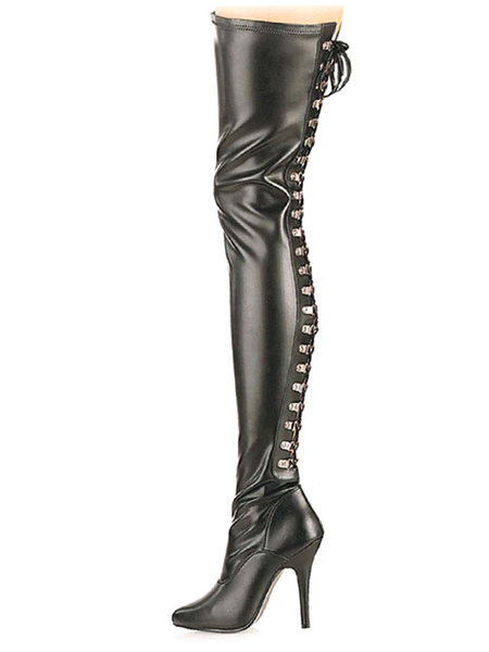 Milanoo Women Sexy Boots Pointed Toe Zipper Sequins Stiletto Heel Rave Club Black Thigh High Boots S