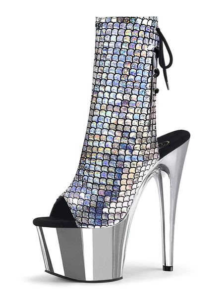 Image of Sexy High Heel Boots Peep Toe Lace Up Zipper Stiletto Rave Club Back Tie Silver Sexy Ankle Boots
