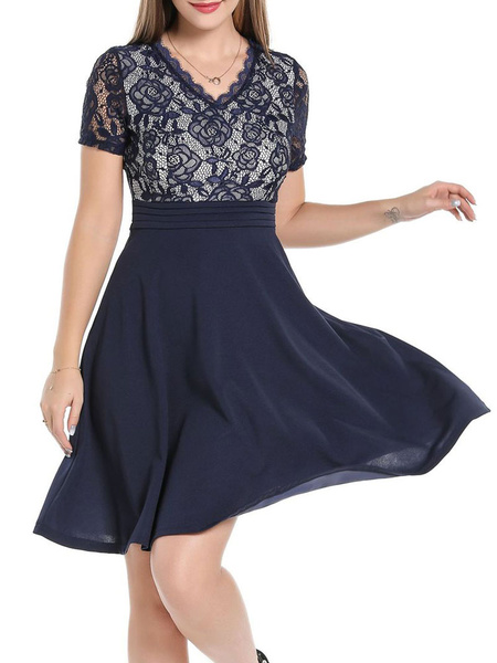 Image of Skater Dresses Short Sleeves Lace Fit And Flare Dress