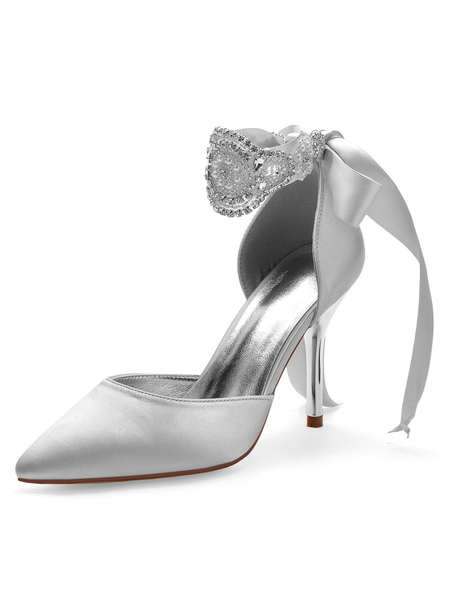 Milanoo Wedding Shoes Silver Satin Studded Pointed Toe Stiletto Heel Bridal Shoes