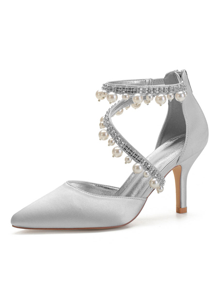 Milanoo Wedding Shoes Silver Satin Pearls Pointed Toe Stiletto Heel Bridal Shoes