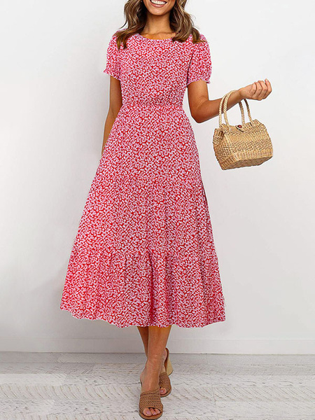Image of Ditsy Floral Maxi Dresses Short Sleeves Jewel Neck Summer Dress