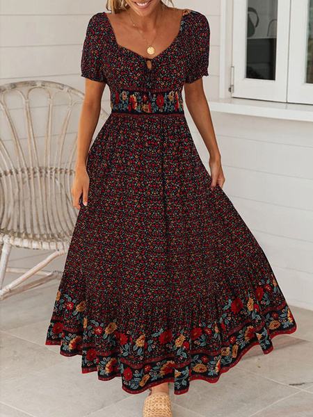Image of Boho Maxi Dress Short Sleeve Floral Print Beach Dress