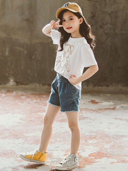 Image of Girls Clothing Sets Age 4-11 White Short Sleeves T-Shirt And Short Pants
