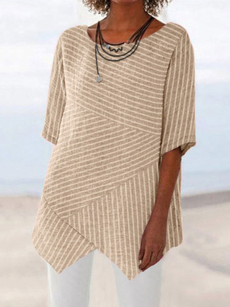 Image of Stripes T Shirt Short Sleeves Irregular Hem Women Tops