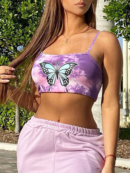 Image of Sexy Cami Crop Top Purple Backless Butterfly Print Tie Dye Summer Tops