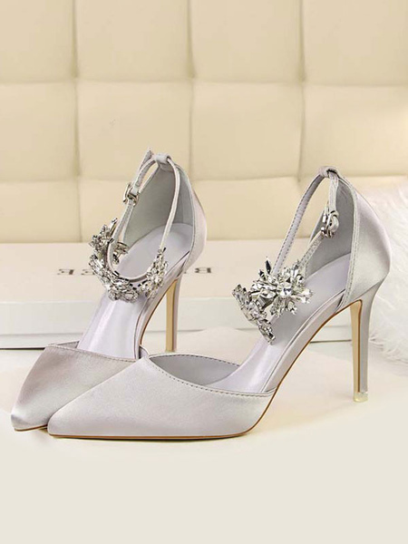 Milanoo High Heel Party Shoes Silver Pointed Toe Rhinestones Evening Shoes