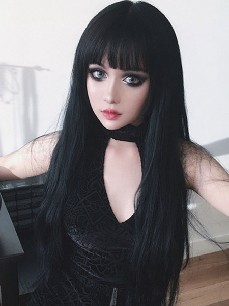 Image of Parrucche gotiche Lolita Parrucche capelli lolita arruffati lunghi neri con frangia