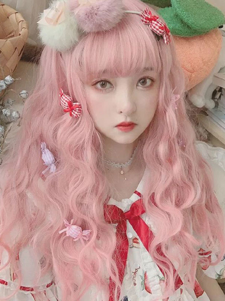 Image of Sweet Lolita parrucche lunghe di calore di luce in fibra resistente rosa Lolita Parrucche