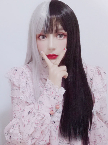 Milanoo Long Lolita Wig Black And White Split Color Lolita Hair Wigs
