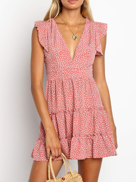 Image of Summer Dresses Ditsy Floral V Neck Sleeveless Ruffles Sexy Fit And Flare Dress