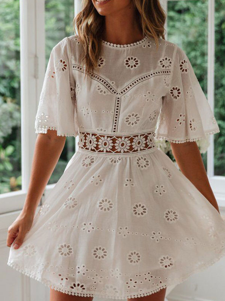 Summer Dresses White Jewel Neck Cut Out Sundress