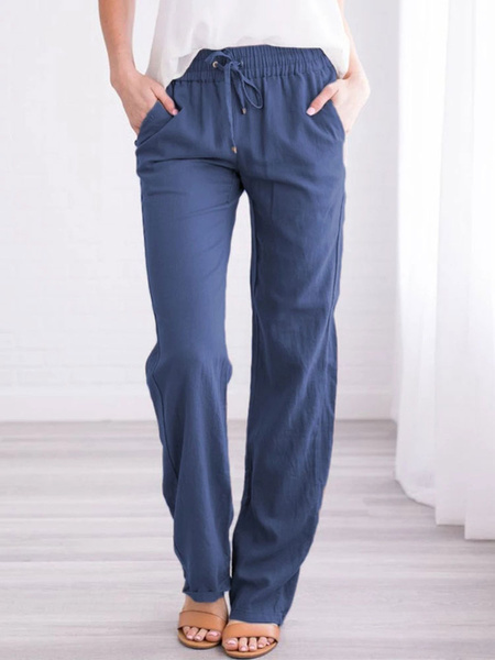 Image of Linen Pjs Trousers Elastic Waist Loungewear Pants
