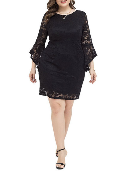 Image of Plus Size Dress For Women Black Polyester Long Sleeves Lace Black Dresses