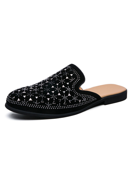 Image of Man's Casual Slippers Black PU Leather Slip-On Chic Shoes For Summer