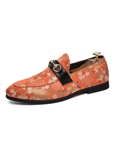 Image of Mens Loafer Shoes Slip-On Pointed Toe Flowral Printed Slip-On Mens Loafer Shoes