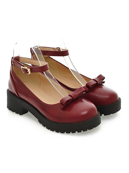 Image of Lolita scarpe di cuoio Borgogna Archi punta rotonda scarpe cinturino alla caviglia pompa Lolita
