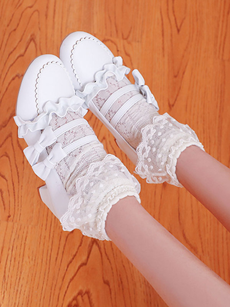 Milanoo Sweet Lolita Footwear White Bows Ruffles Round Toe Leather Lolita Pumps