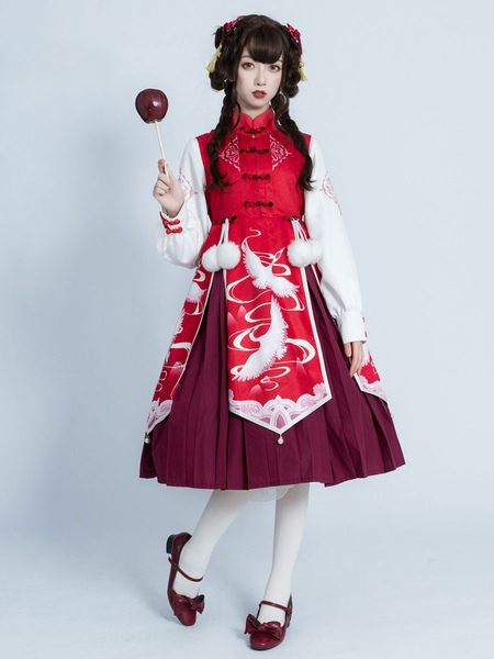 Milanoo Chinese Style Lolita OP Dress Crane Print Pom Poms Bows Qi Lolita One Piece Dresses