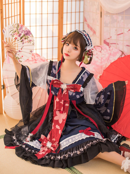 Milanoo Chinese Style Lolita OP Dress Bows Wa Lolita One Piece Dresses