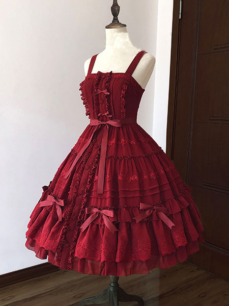 Milanoo Sweet Lolita JSK Dress Ruffles Burgundy Bows Lolita Jumper Skirts