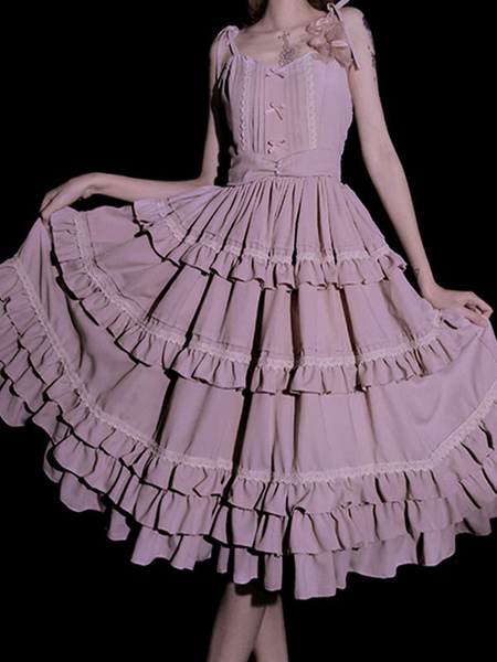 Milanoo Sweet Lolita JSK Dress Pink Ruffles Bows Lolita Jumper Skirts