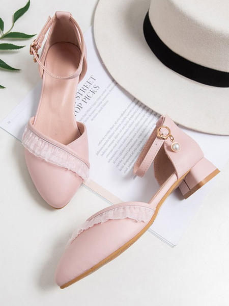 Milanoo Sweet Lolita Footwear Pink Ruffles Round Toe Leather Lolita Pumps