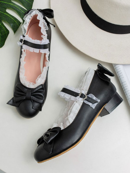 Milanoo Sweet Lolita Footwear Bows Lace Round Toe Leather Lolita Pumps